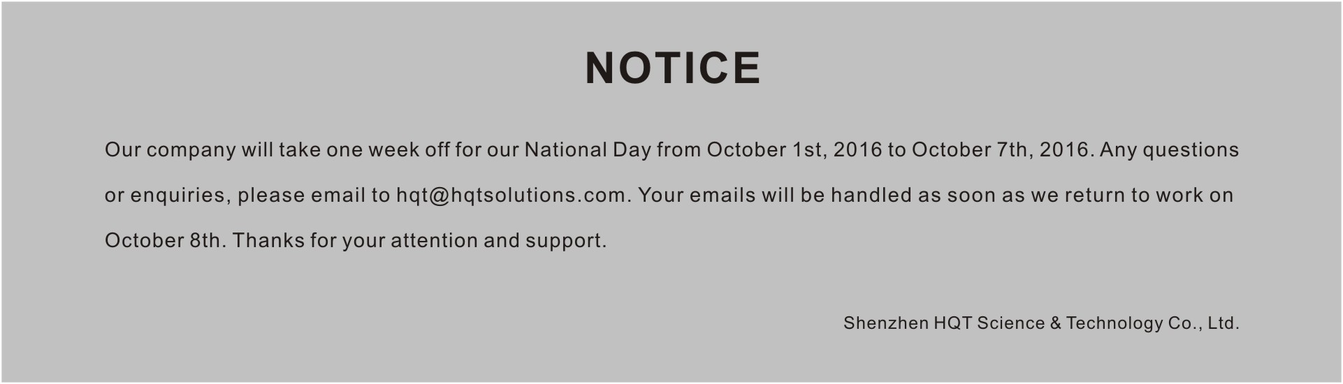 Notice of Holiday for China’s National Day